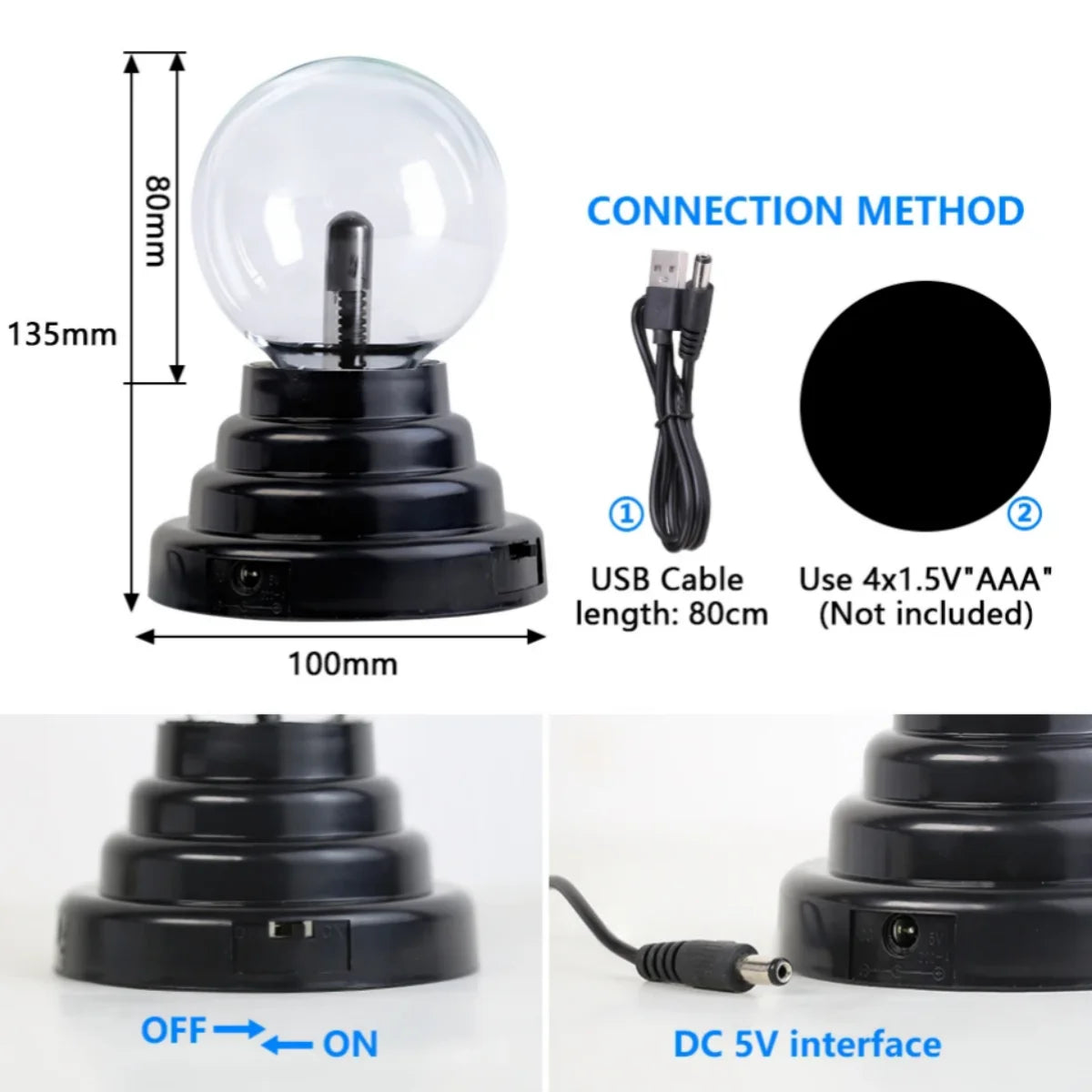 Lâmpada de bola de plasma sensível ao toque, alimentada por USB, Eletricidade